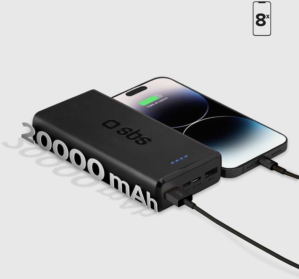 Power Bank 20.000 mAh Greitas įkrovimas, 2 USB By SBS Juodas