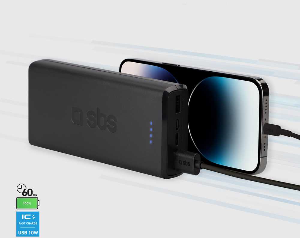 Power Bank 20.000 mAh Greitas įkrovimas, 2 USB By SBS Juodas