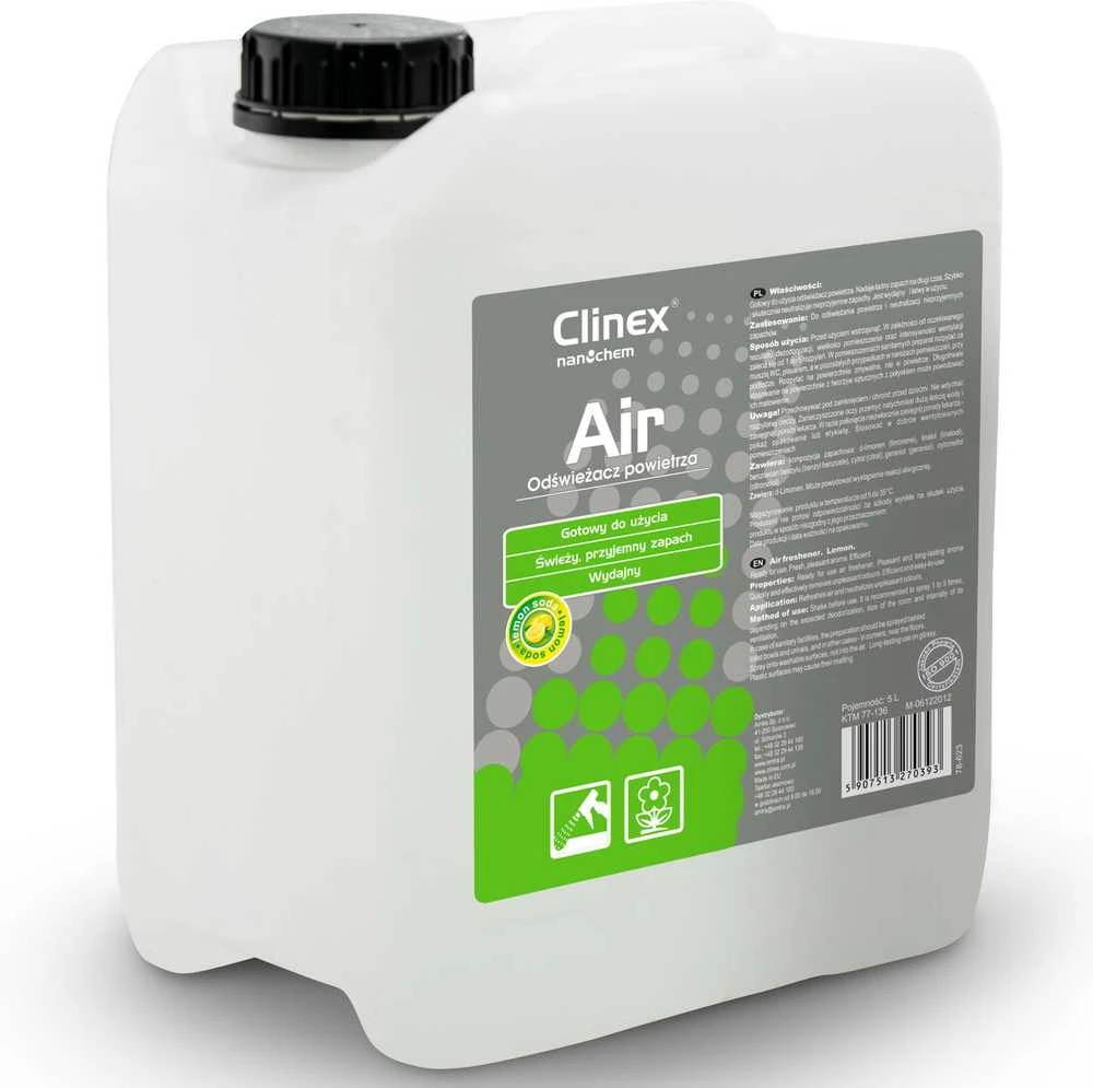 „Clinex“ efektyvus oro gaiviklis, purškiamas ant paviršių. Oras – citrinų soda, 5 l. Veiksmingas oro gaiviklis, purškiamas ant paviršių. „CLINEX“ oro – citrinų soda, 5 l.