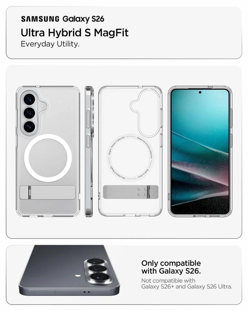 Spigen Ultra Hybrid S Mag MagSafe dėklas skirtas Samsung Galaxy S26 – skaidruus ir baltos spalvos