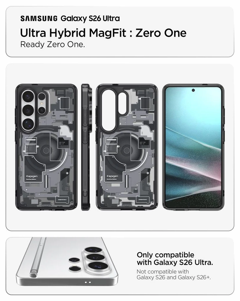 Spigen Ultra Hybrid Mag MagSafe dėklas skirtas Samsung Galaxy S26 Ultra Zero One – Clear Juodas