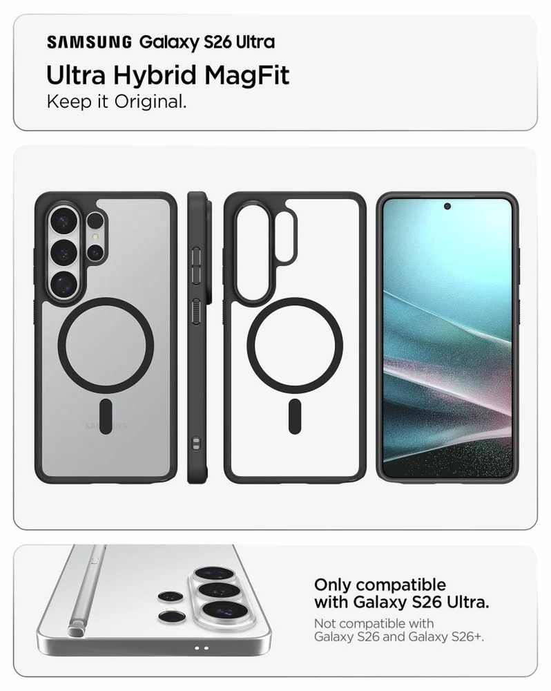 Spigen Ultra Hybrid Mag MagSafe dėklas skirtas Samsung Galaxy S26 Ultra – Clear Juodas