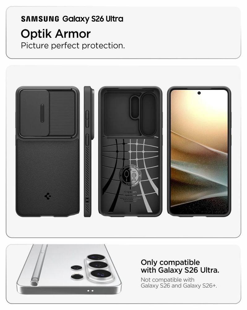 Spigen Optik Armor dėklas skirtas Samsung Galaxy S26 Ultra – juodos spalvos