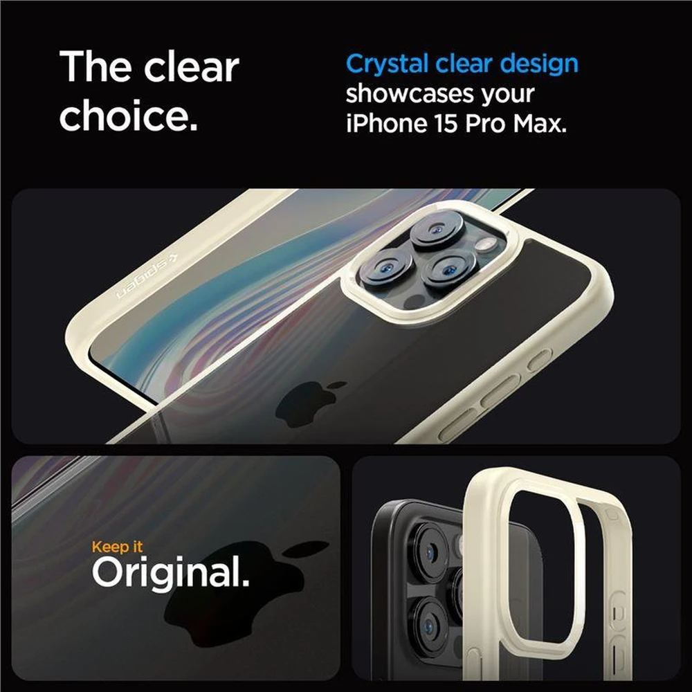 Dėklas „Spigen Crystal Hybrid“, smėlio spalvos – „iPhone 15 Pro Max“