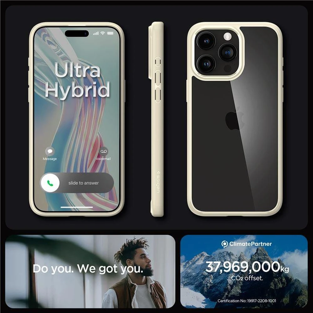 Dėklas „Spigen Crystal Hybrid“, smėlio spalvos – „iPhone 15 Pro Max“