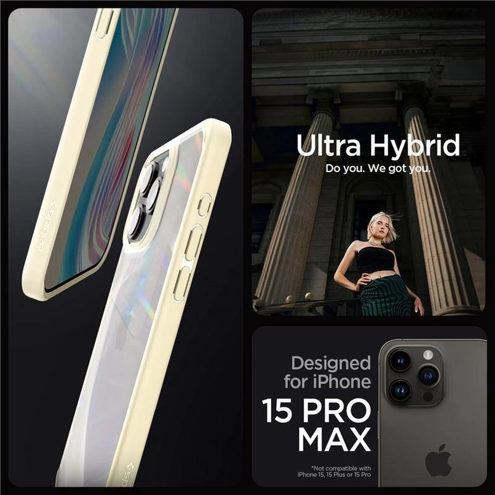 Dėklas „Spigen Crystal Hybrid“, smėlio spalvos – „iPhone 15 Pro Max“