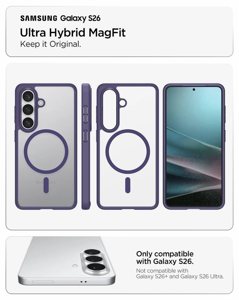 Spigen Ultra Hybrid Mag MagSafe dėklas skirtas Samsung Galaxy S26 – Clear violetinės spalvos