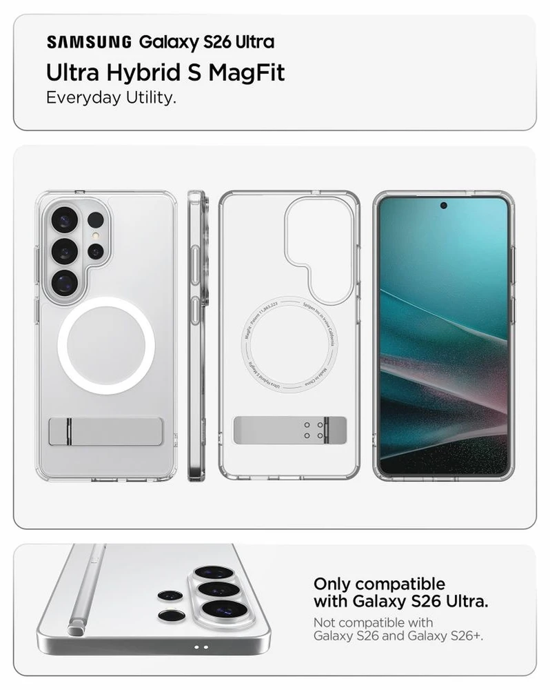 Spigen Ultra Hybrid S Mag MagSafe dėklas skirtas Samsung Galaxy S26 Ultra – Clear and Baltas
