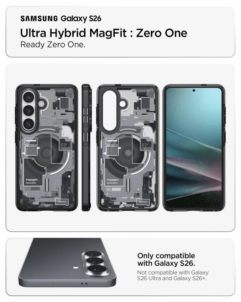Spigen Ultra Hybrid Mag MagSafe dėklas skirtas Samsung Galaxy S26 Zero One – Clear juodos spalvos