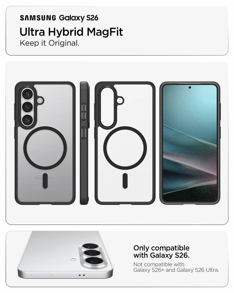 Spigen Ultra Hybrid Mag MagSafe dėklas skirtas Samsung Galaxy S26 – Clear juodos spalvos