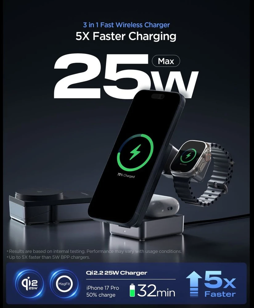 Įkroviklis Spigen Essential MagSafe 3-in-1 Wireless Charger EF323MQ, juodas