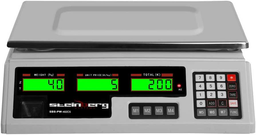 Virtuvinės svarstyklės Steinberg Systems Svarstyklės sklepowa kontrolna 339x233mm maitinimo šaltinis + akumulator 40kg / 2g - balta