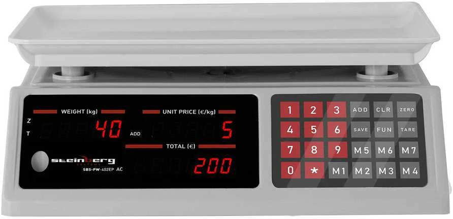 Virtuvinės svarstyklės Steinberg Systems Svarstyklės sklepowa licząca sztuki 336x238mm maitinimo šaltinis + akumulator 40kg / 2g - balta