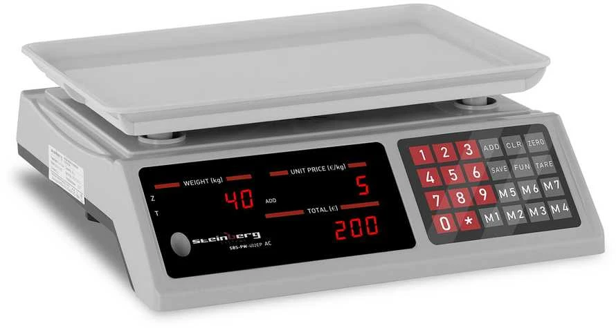 Virtuvinės svarstyklės Steinberg Systems Svarstyklės sklepowa licząca sztuki 336x238mm maitinimo šaltinis + akumulator 40kg / 2g - balta