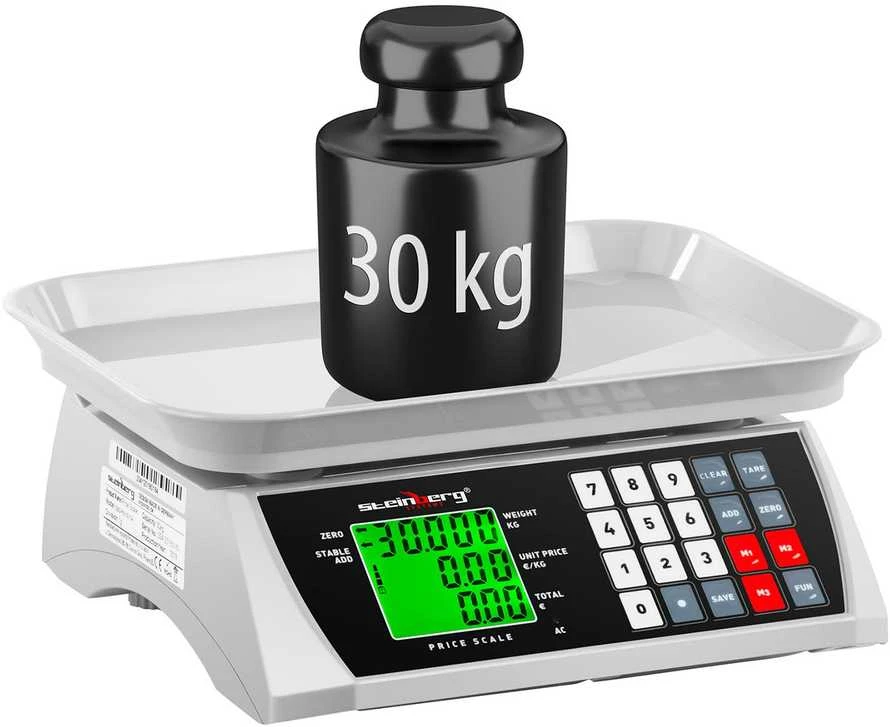 Virtuvinės svarstyklės Steinberg Systems Skaičiavimo bakalėjos svarstyklės su atmintimi ir vienetų skaičiavimo funkcija SBS-PW-301CA 30kg / 1g