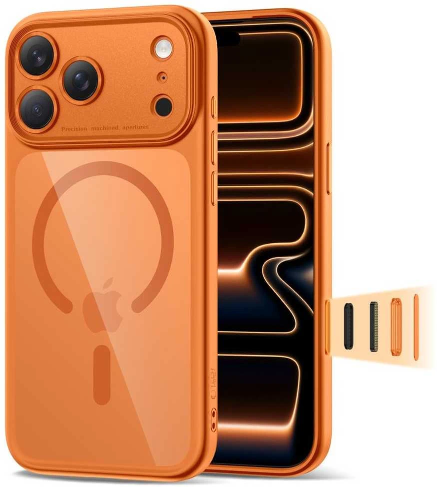 „Tech-Protect Magpeak Magsafe CC“ dėklas, skirtas „iPhone 17 Pro“ – permatomas oranžinis