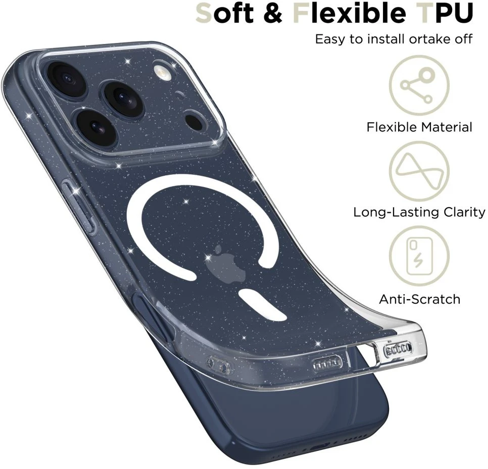 Tech-Protect FlexAir MagSafe dėklas skirtas Apple iPhone 17 Pro Max – skaidrus Glitter