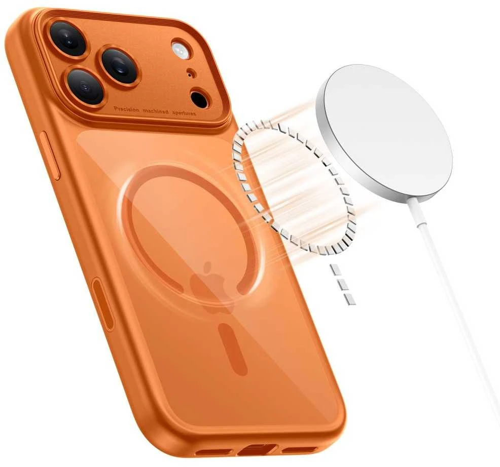 „Tech-Protect Magpeak Magsafe CC“ dėklas, skirtas „iPhone 17 Pro Max“ – permatomas oranžinis