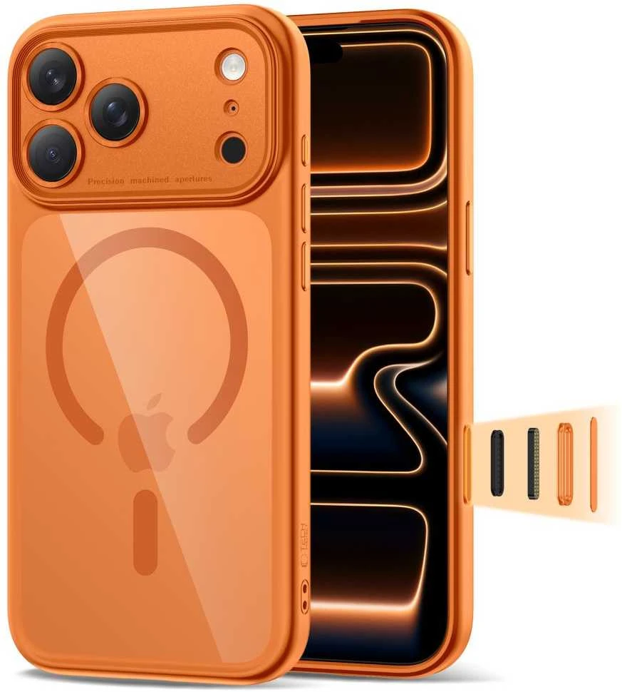 „Tech-Protect Magpeak Magsafe CC“ dėklas, skirtas „iPhone 17 Pro Max“ – permatomas oranžinis