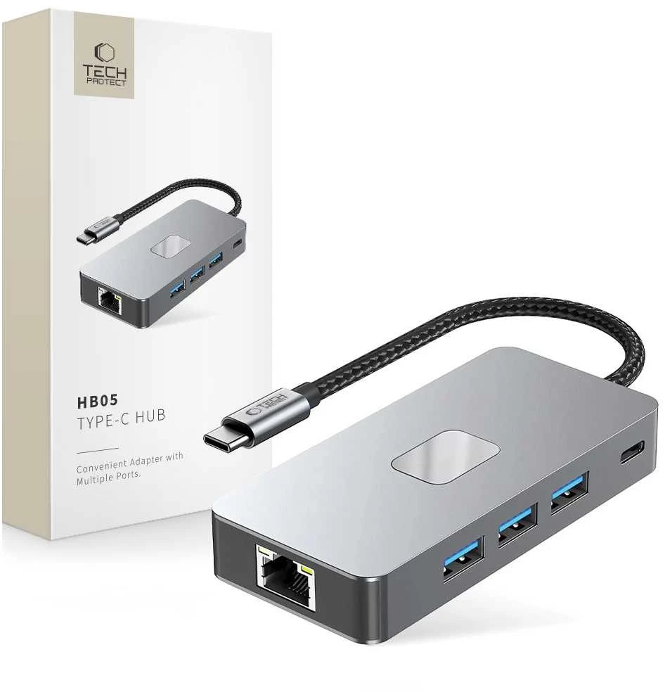 Tech-Protect HB05 HUB 9in1 USB-C + USB2.0 + USB3.0 + HDMI 4K 60HZ + SD / TF + PD100W + RJ45 adapteris - pilka
