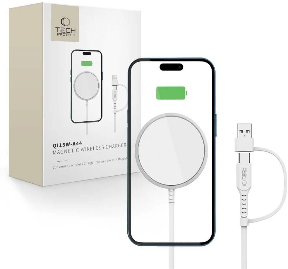 Tech-Protect QI15W-A44 magnetinis belaidis įkroviklis su MagSafe - Baltas