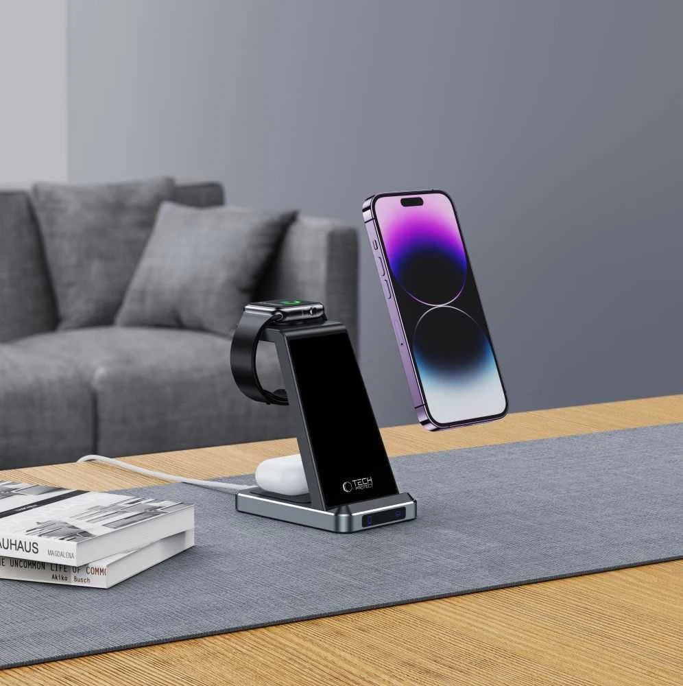 Tech Protect 3 viename indukcinis įkroviklis išmaniesiems telefonams ir „Apple Watch“ ausinėms, 15 W, juodas