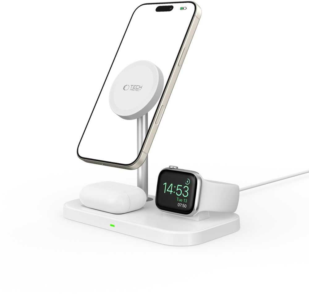 Tech Protect 3 viename belaidis įkroviklis su išmaniojo telefono laikikliu, skirtas „Apple Watch AirPods MagSafe“ – baltas