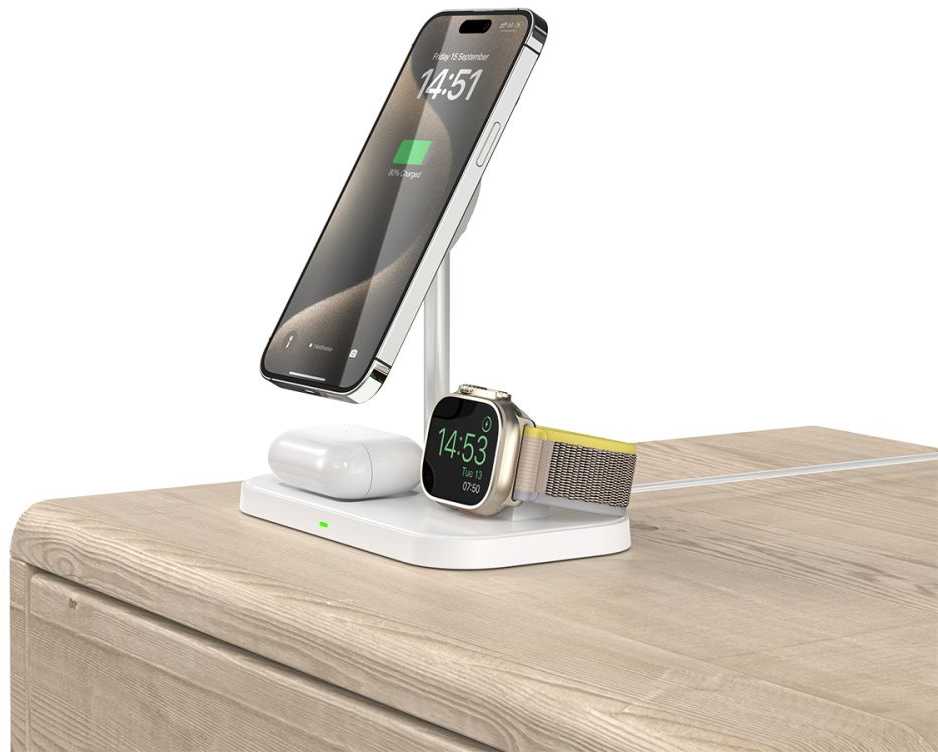 Tech Protect 3 viename belaidis įkroviklis su išmaniojo telefono laikikliu, skirtas „Apple Watch AirPods MagSafe“ – baltas