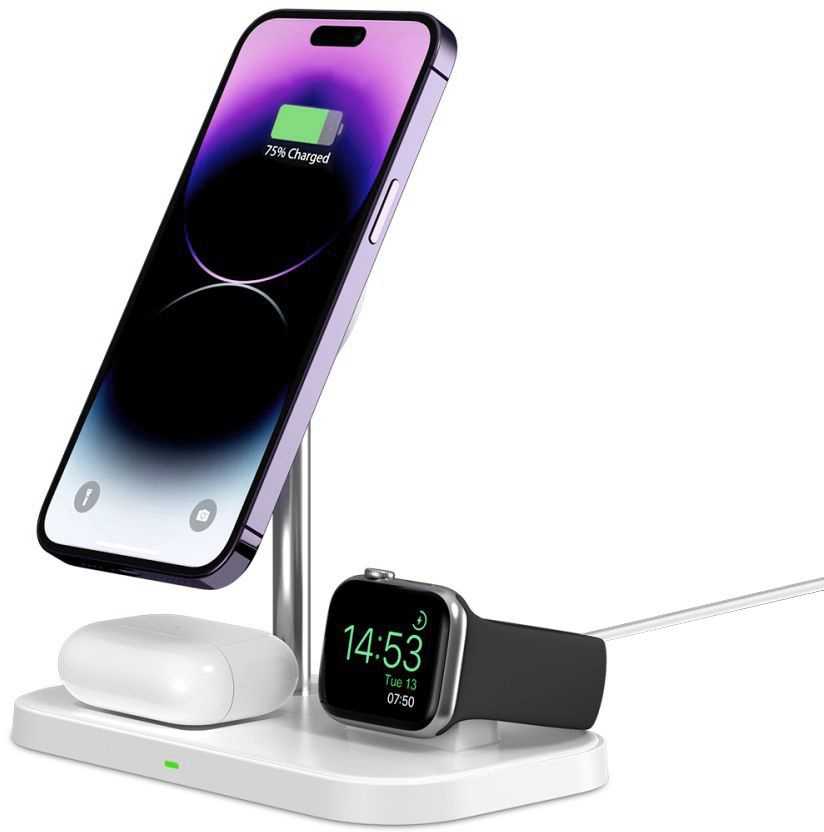 Tech Protect 3 viename belaidis įkroviklis su išmaniojo telefono laikikliu, skirtas „Apple Watch AirPods MagSafe“ – baltas