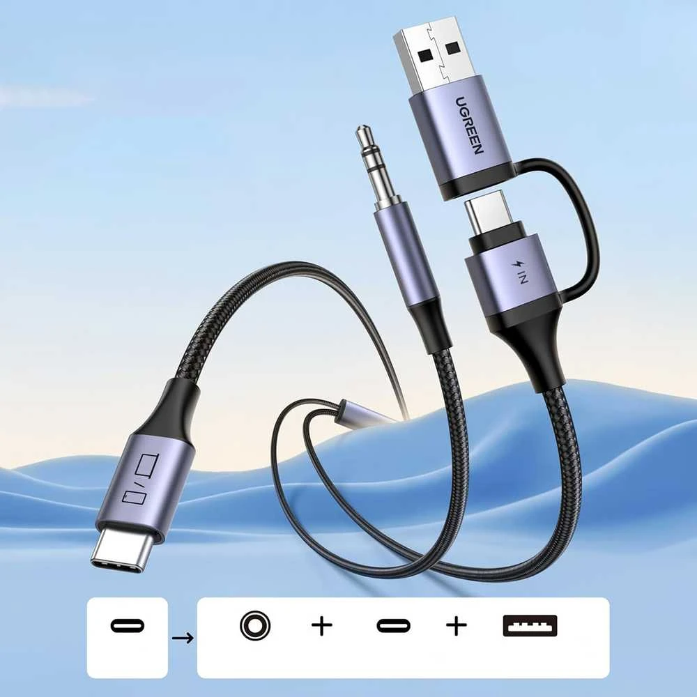 Adapteris audio Ugreen su funkcijakowanie 2in1 USB-C - USB-A/C + mini lizdas - juoda