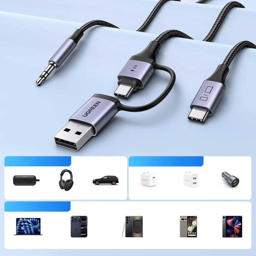 Adapteris audio Ugreen su funkcijakowanie 2in1 USB-C - USB-A/C + mini lizdas - juoda