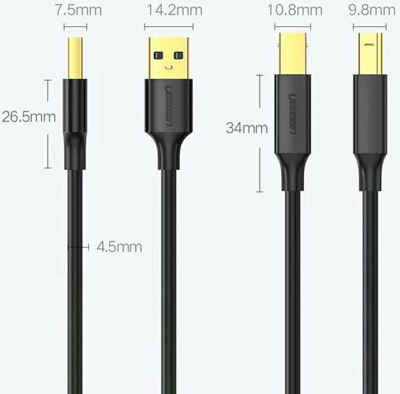 UGREEN US135 USB 2.0 AB spausdintuvo kabelis 5m - Juodas