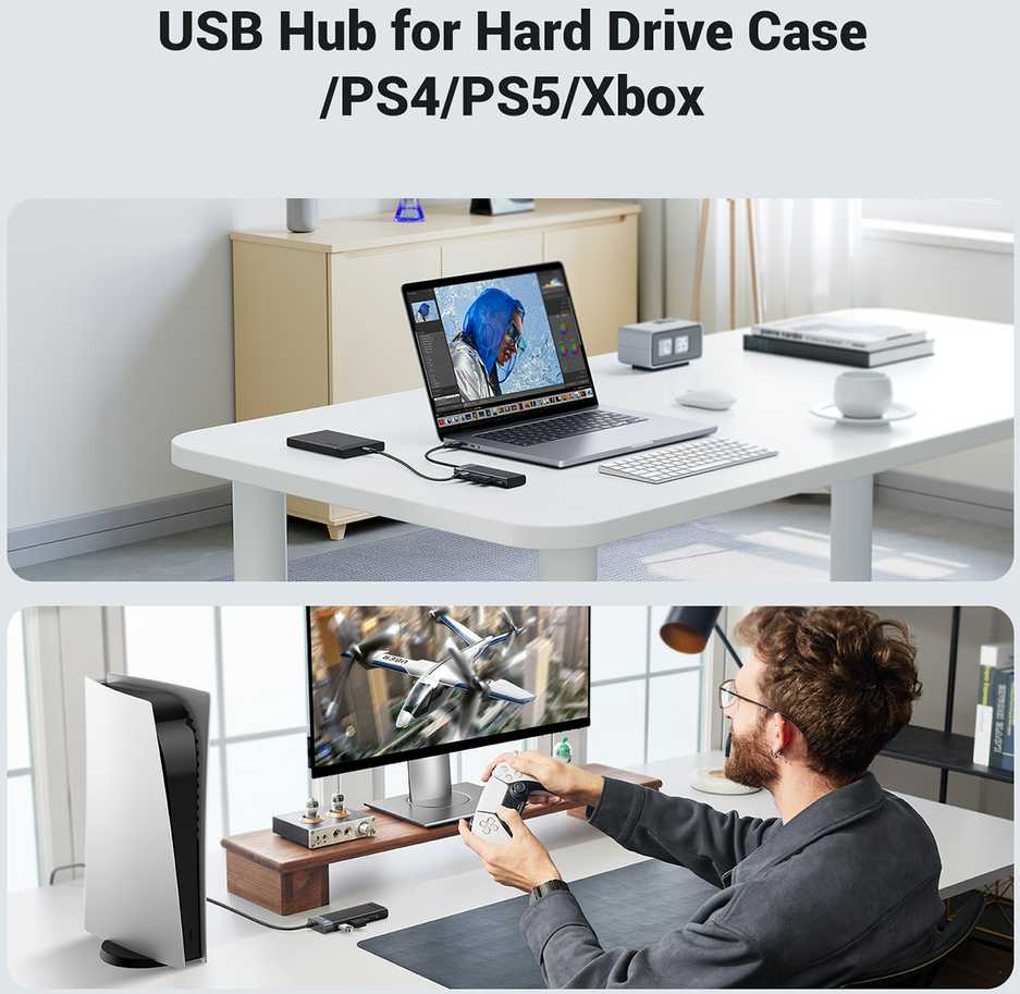 Ugreen CM653 HUB su 4 USB-A jungtys ir USB-A maitinimo laidu - juodas