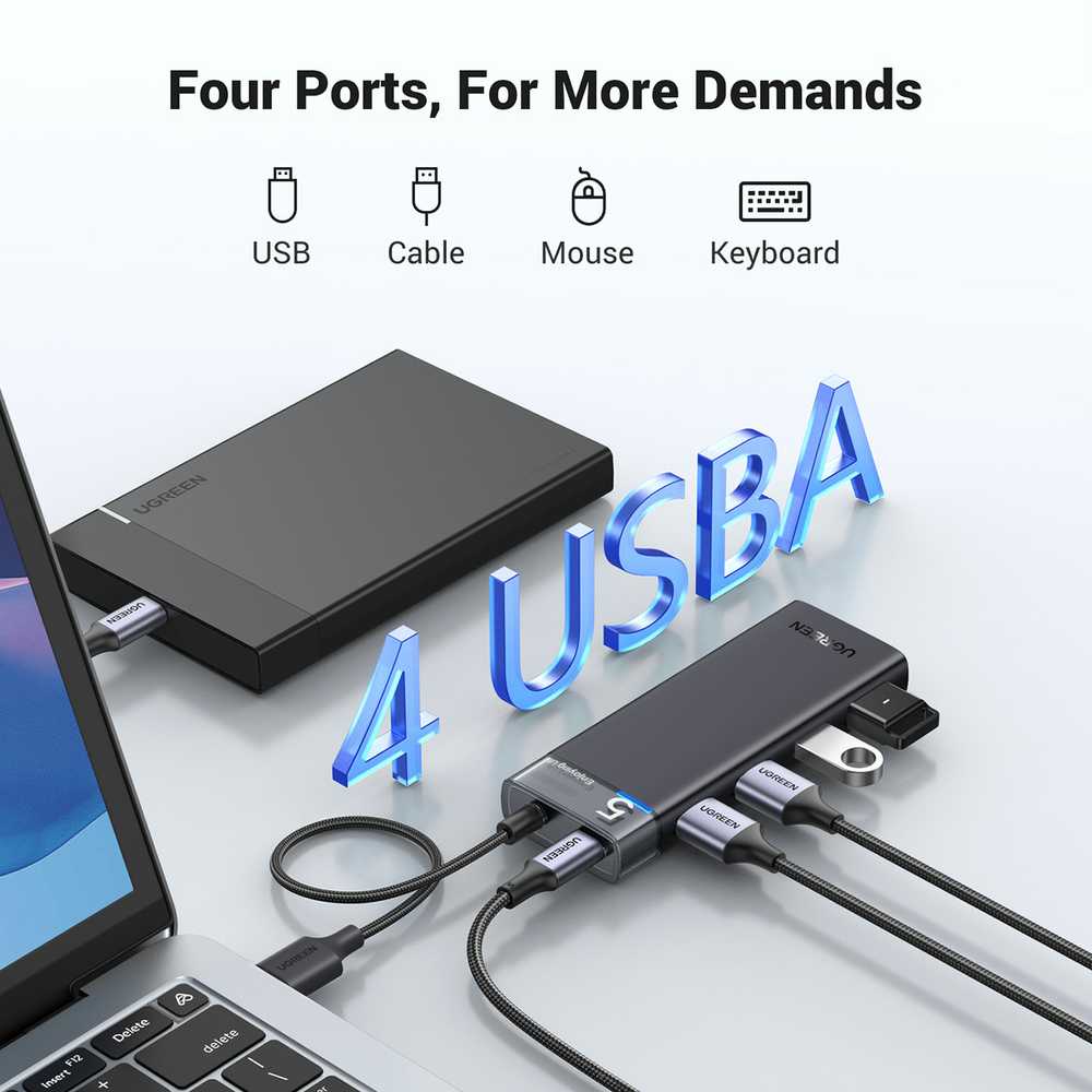 Ugreen CM653 HUB su 4 USB-A jungtys ir USB-A maitinimo laidu - juodas