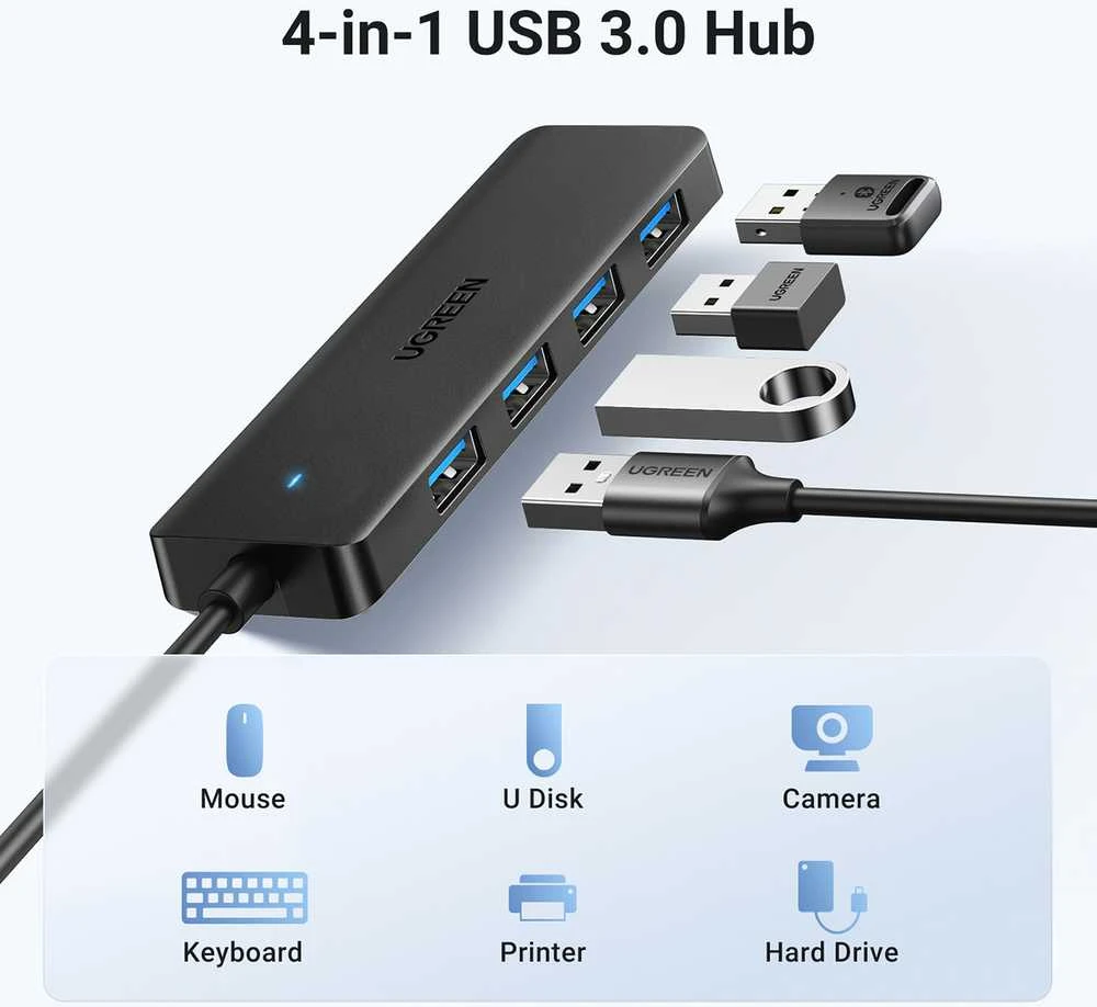 HUB Ugreen CM219 25851 su 4 USB-A 3.0 jungtys and USB-A 3.0 kabelis 15cm - juodos spalvos