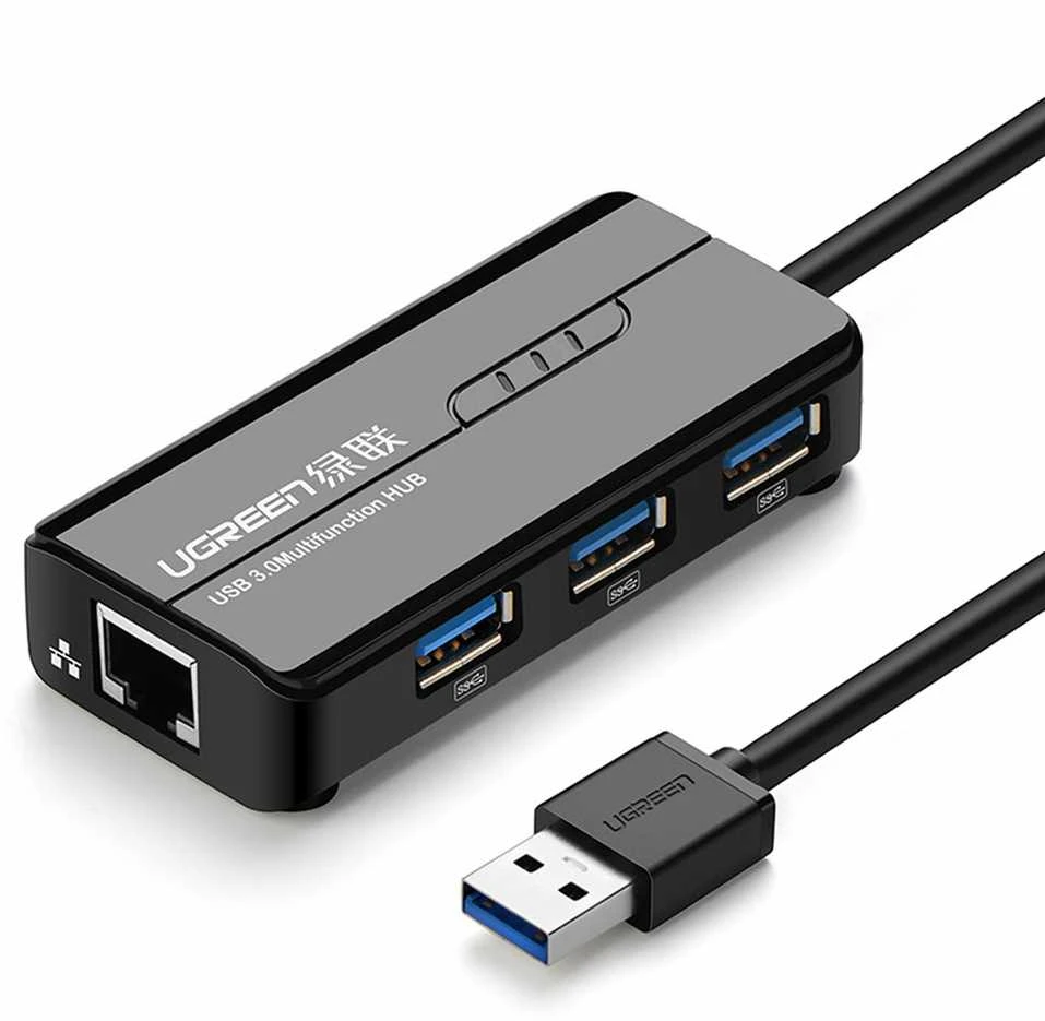 Ugreen 20265 USB-A / RJ45 1000 Mbps HUB 3x USB 3.0 tinklo adapteris - juodas