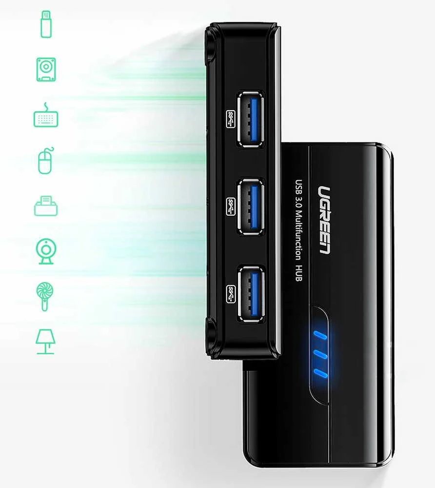 Ugreen 20265 USB-A / RJ45 1000 Mbps HUB 3x USB 3.0 tinklo adapteris - juodas