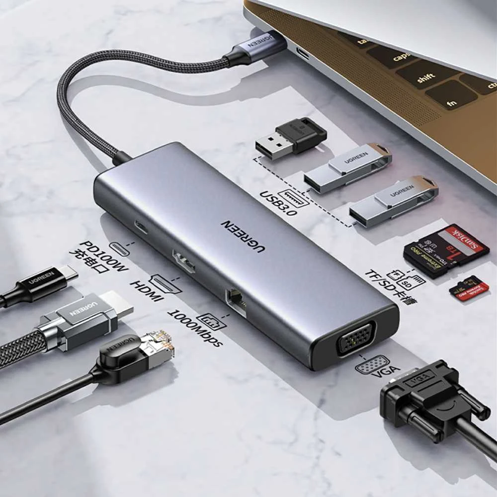 Adapteris Ugreen CM498 USB-C, 2 x USB-A + USB-C + HDMI + SD / TF + PD