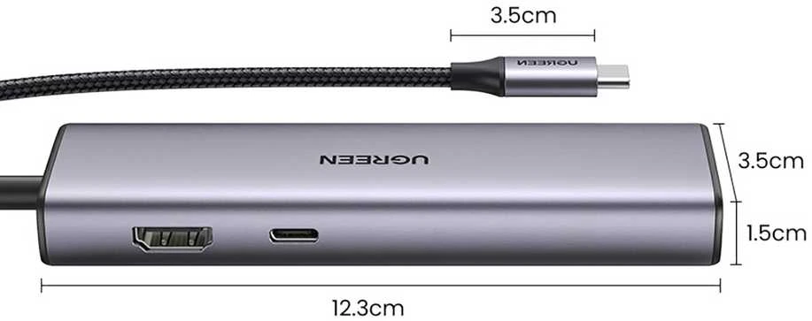Adapterio šakotuvas UGREEN, USB-C iki 2x USB 3.0, HDMI, RJ45, SD/TF