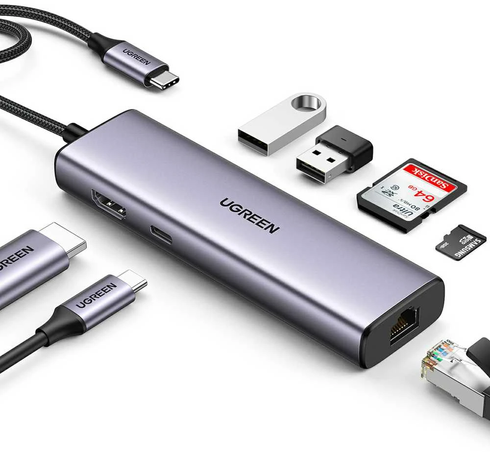 Adapterio šakotuvas UGREEN, USB-C iki 2x USB 3.0, HDMI, RJ45, SD/TF