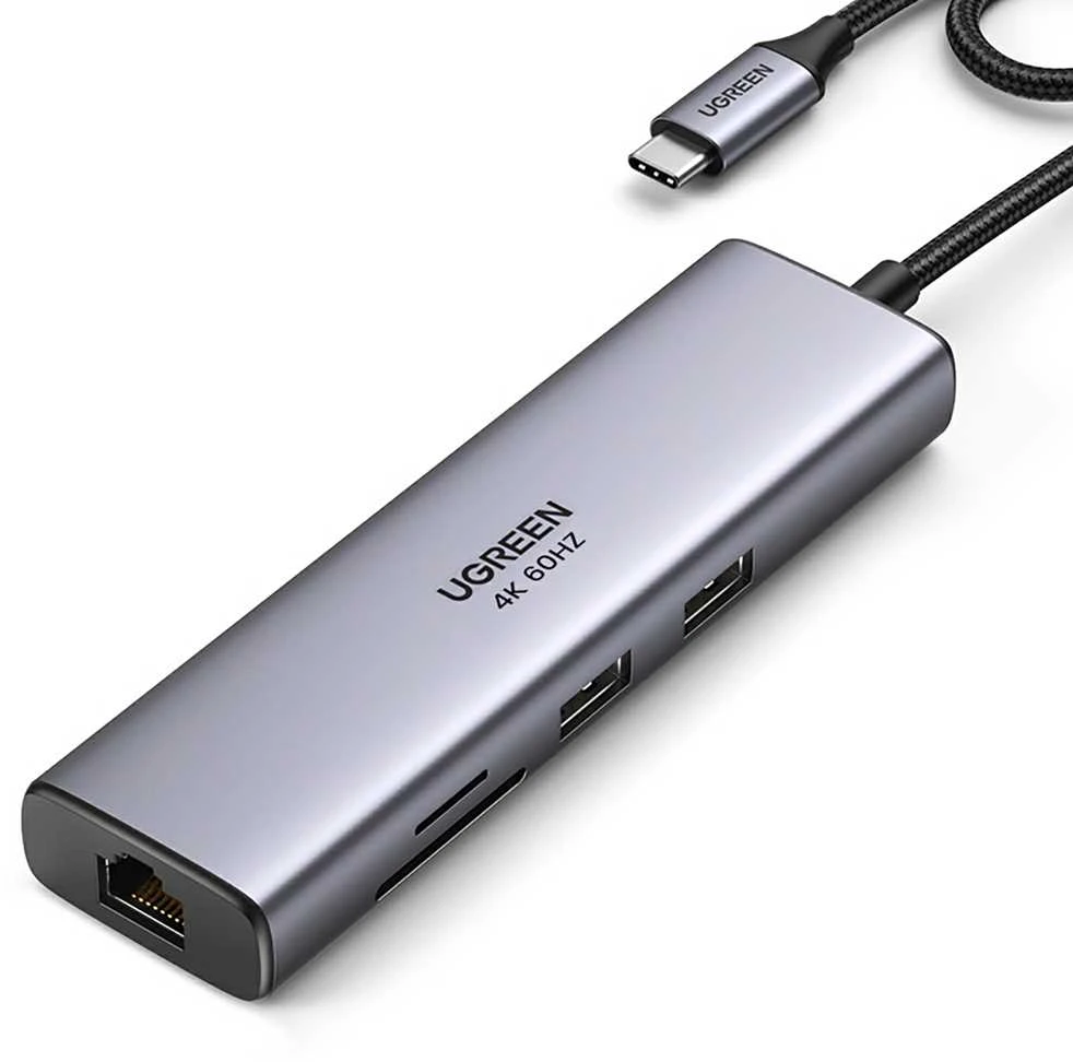 Adapterio šakotuvas UGREEN, USB-C iki 2x USB 3.0, HDMI, RJ45, SD/TF