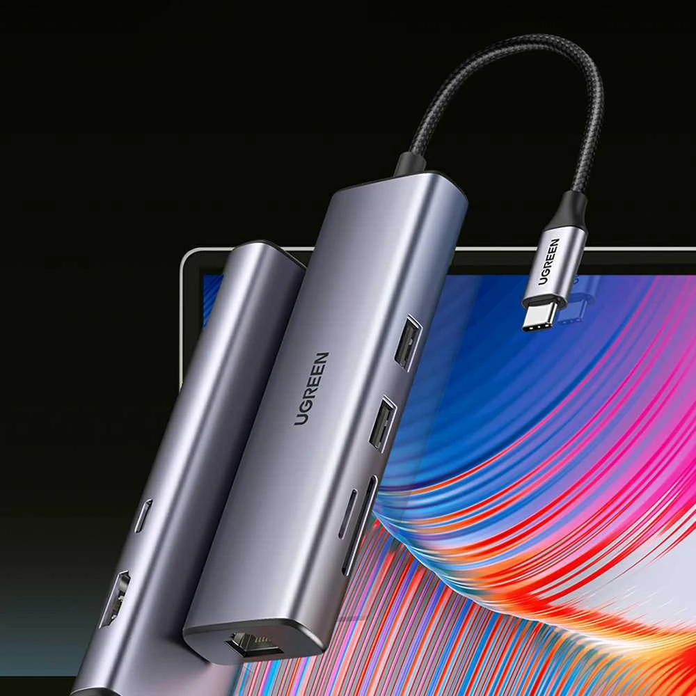 Adapterio šakotuvas UGREEN, USB-C iki 2x USB 3.0, HDMI, RJ45, SD/TF