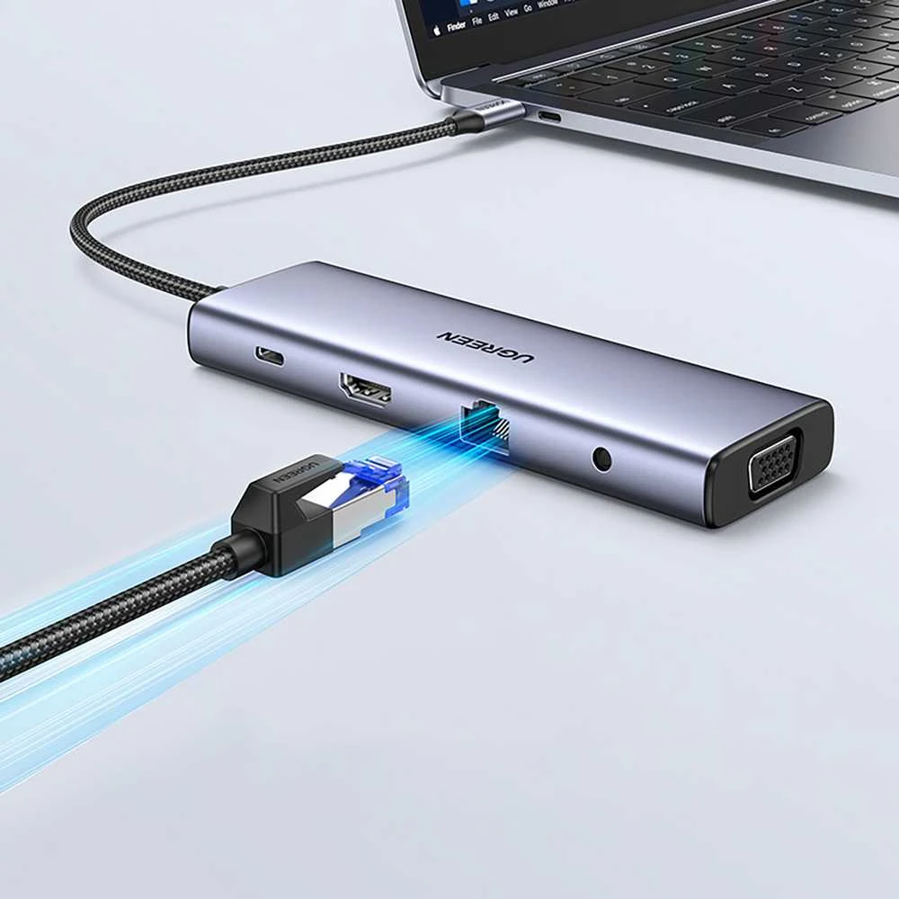 Adapteris 10w1 UGREEN Revodok CM498 Hub USB iki 3x USB-A 3.0, HDMI, VGA, RJ45, SD/TF, AUX3.5mm, PD keitiklis
