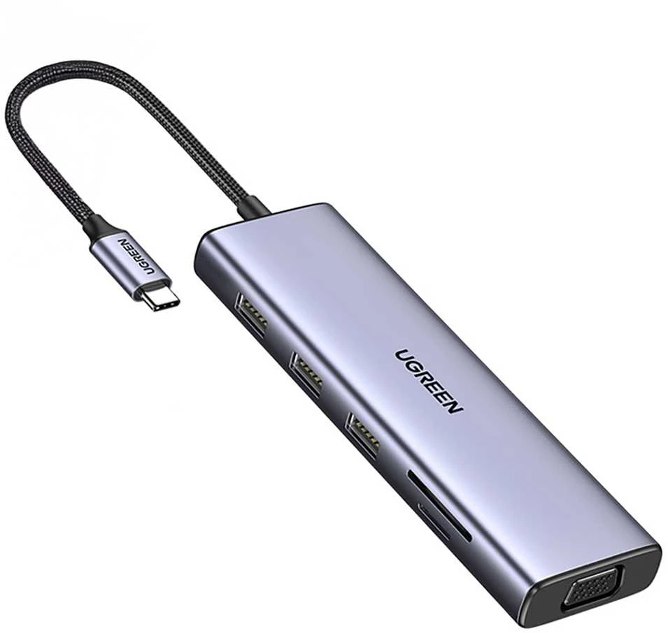 Adapteris 10w1 UGREEN Revodok CM498 Hub USB iki 3x USB-A 3.0, HDMI, VGA, RJ45, SD/TF, AUX3.5mm, PD keitiklis