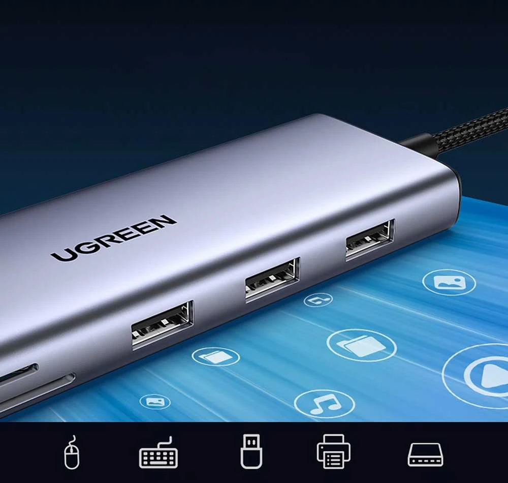 Adapteris 10w1 UGREEN Revodok CM498 Hub USB iki 3x USB-A 3.0, HDMI, VGA, RJ45, SD/TF, AUX3.5mm, PD keitiklis