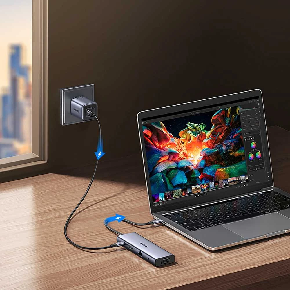 Adapteris 10w1 UGREEN Revodok CM498 Hub USB iki 3x USB-A 3.0, HDMI, VGA, RJ45, SD/TF, AUX3.5mm, PD keitiklis