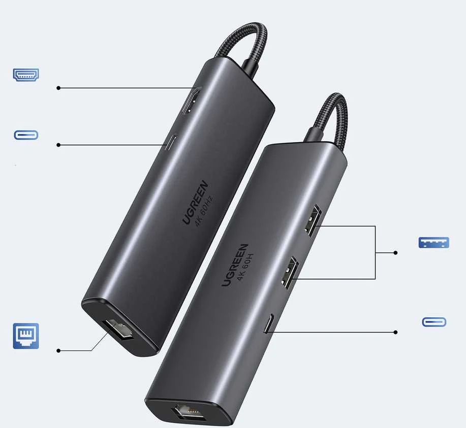 Adapteriai / šakotuvas USB-C 6w1 Ugreen CM512, HDMI 4K@60Hz, 2x USB, RJ45, PD 100W