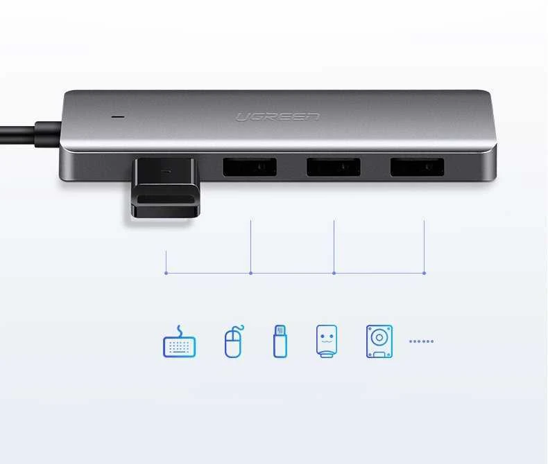 UGREEN 4-Port USB3.0 Hub with USB-C Power Supply šakotuvas - pilkas