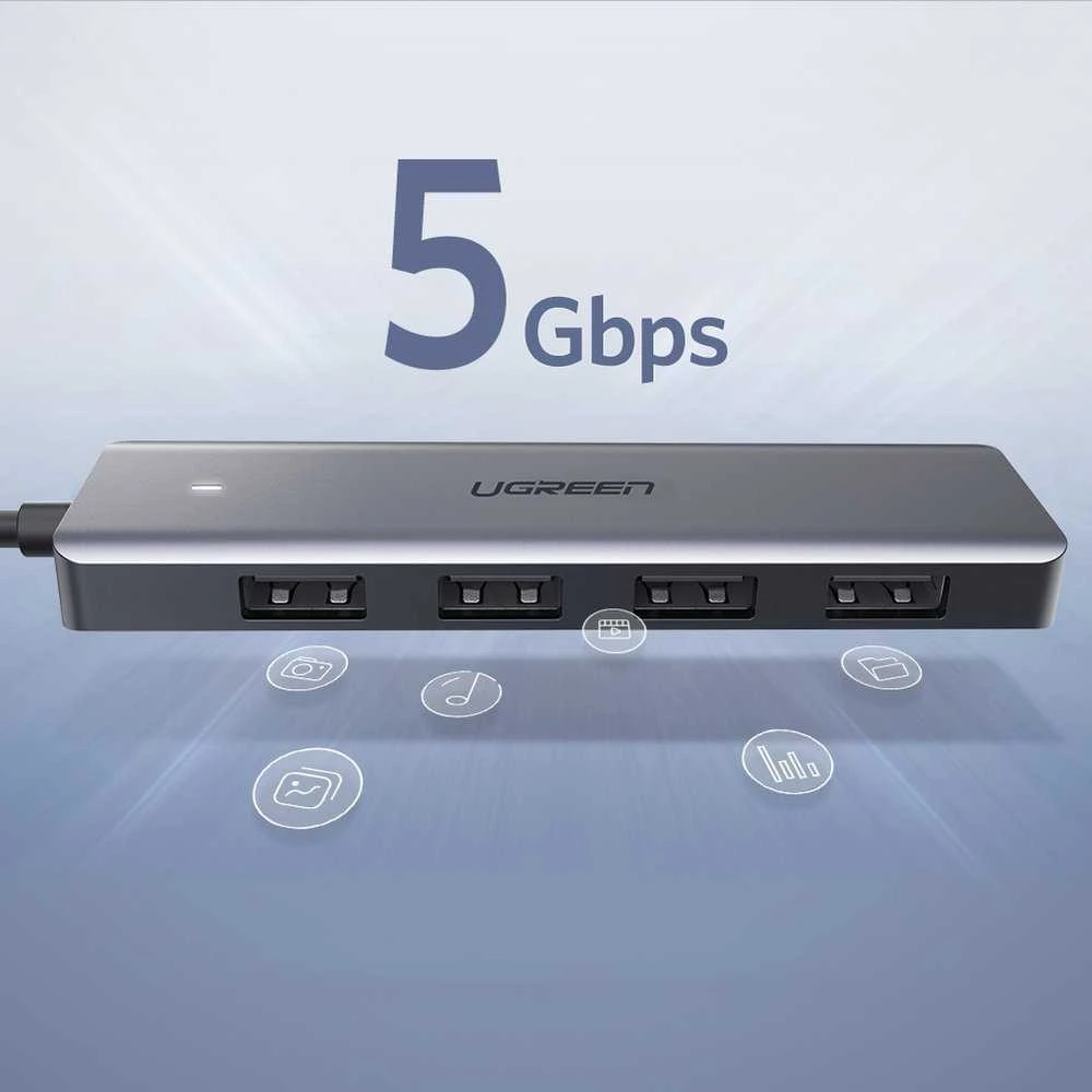 UGREEN 4-Port USB3.0 Hub with USB-C Power Supply šakotuvas - pilkas