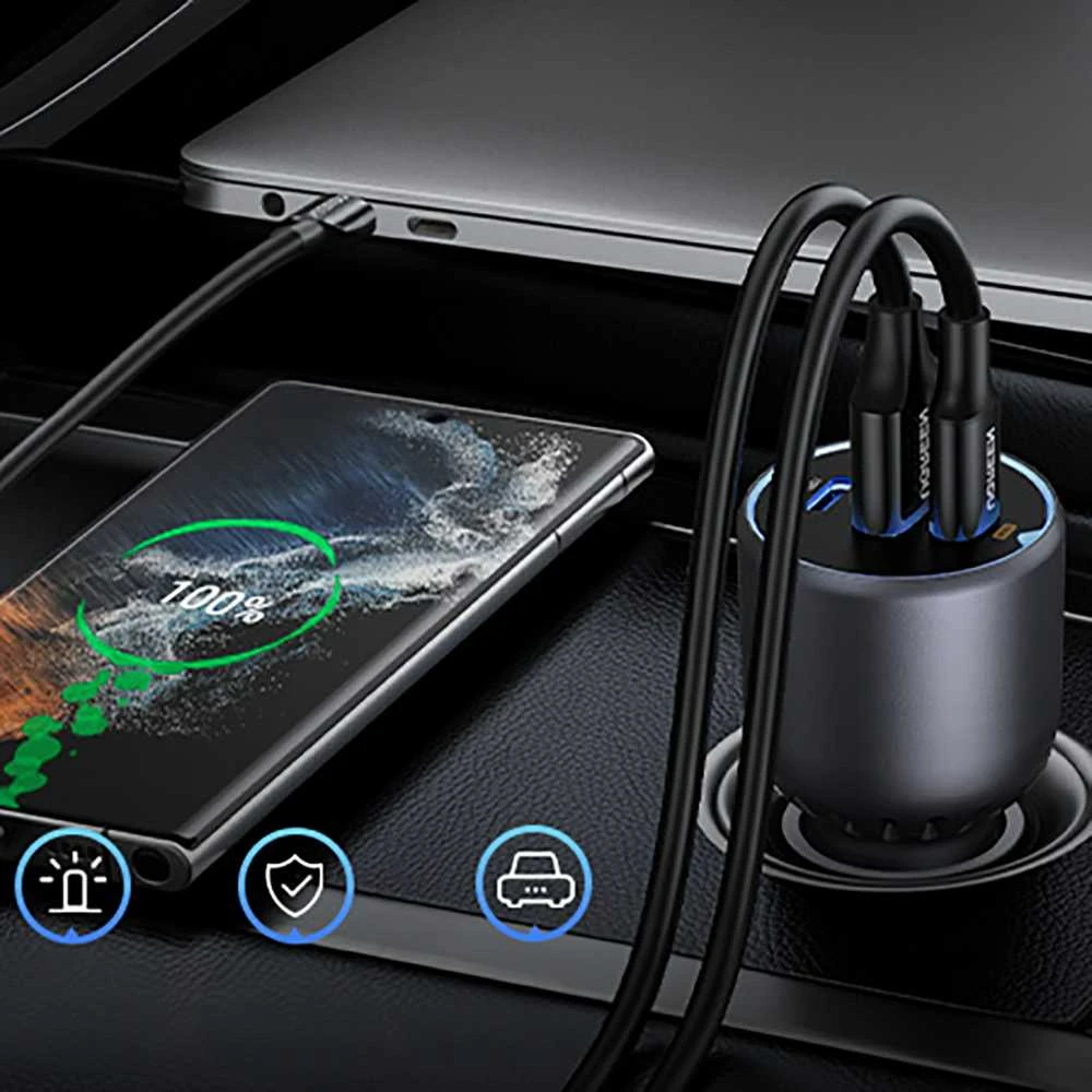 Ugreen 130W 3-Port Fast Car Char pilka Ausinės, Mobilus kompiuteris, Mobilusis telefonas, , Išorinė baterija, Telefonas Pilka Cigarų pridegiklis Automatinis